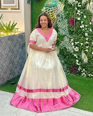 Ageless Pink Traditional Ethiopian Dress: Simple Flowy Habesha Dress Ready for Every Festivity Habesha Kemis