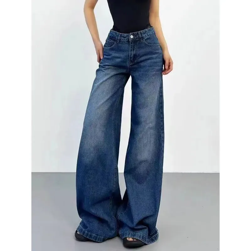 Aiertu Blue Womens Jeans High Waist Vintage Straight Summer Plus Size Y2K Denim Pants Streetwear American Baggy Wide Leg Denim Trouser