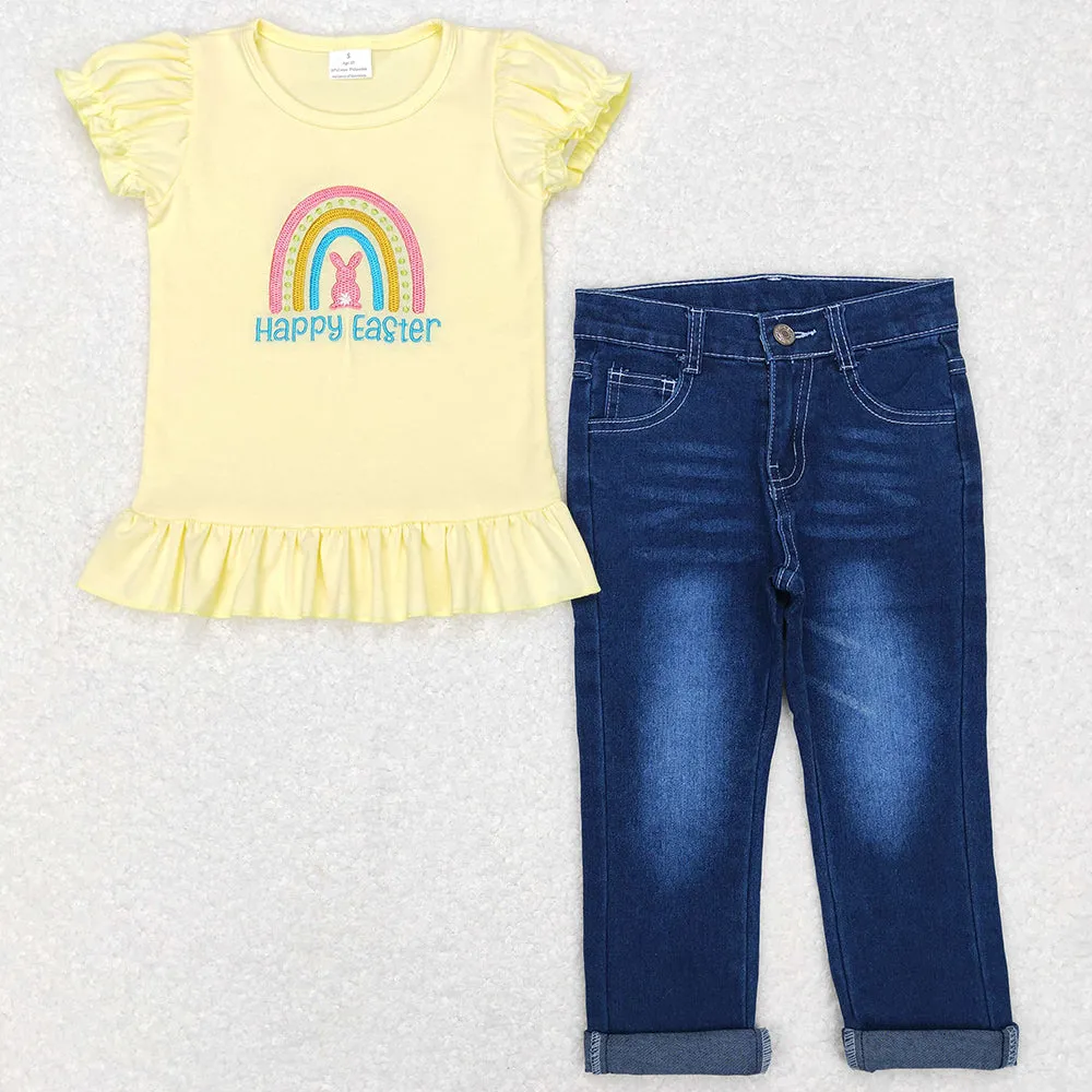 Baby Girls Clothes Easter Rainbow Shirts Toddler Denim Pants Sets GSPO1137