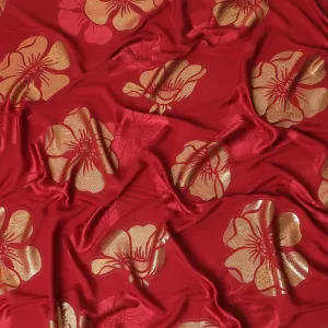 Barn red premium pure silk crepe fabric with gold metallic lurex in floral design-D13709