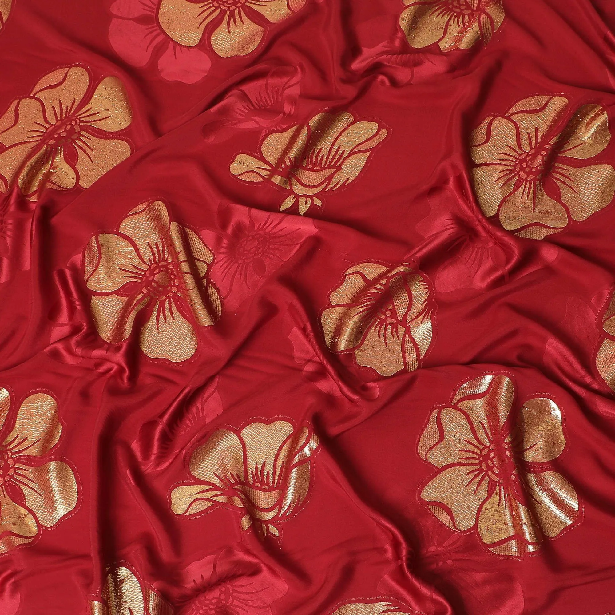 Barn red premium pure silk crepe fabric with gold metallic lurex in floral design-D13709