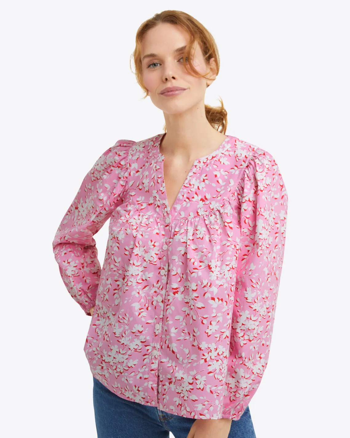 Button-Front Top in Pink Shadow Floral