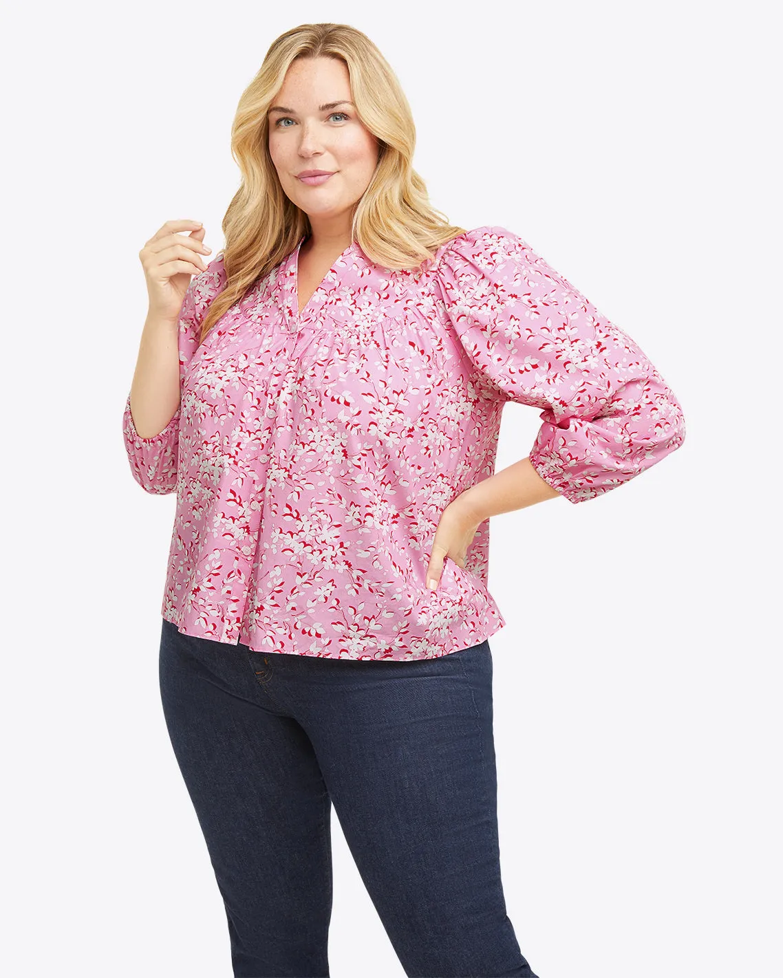 Button-Front Top in Pink Shadow Floral