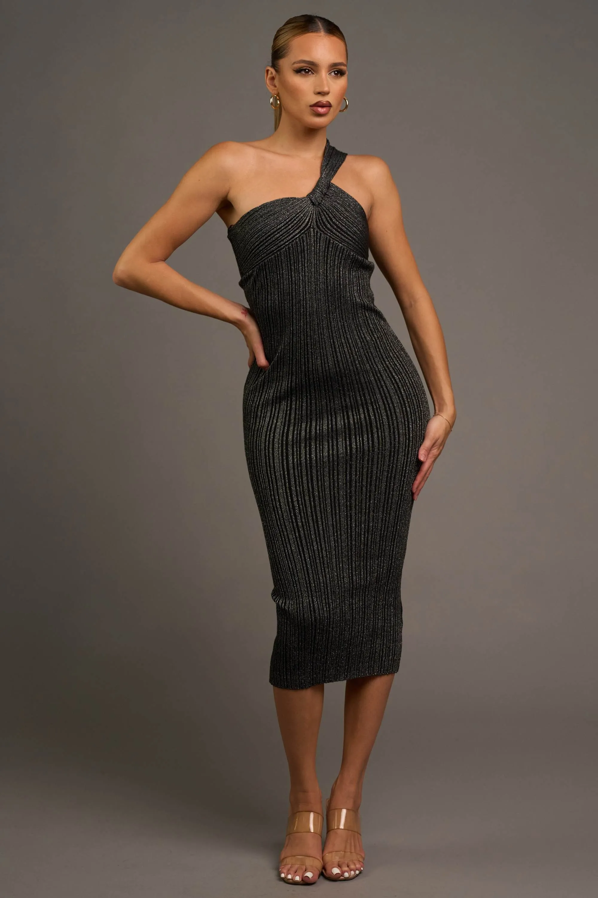 CHIC METALLIC SWEATER RIB ONE SHOULDER MIDI DRESS