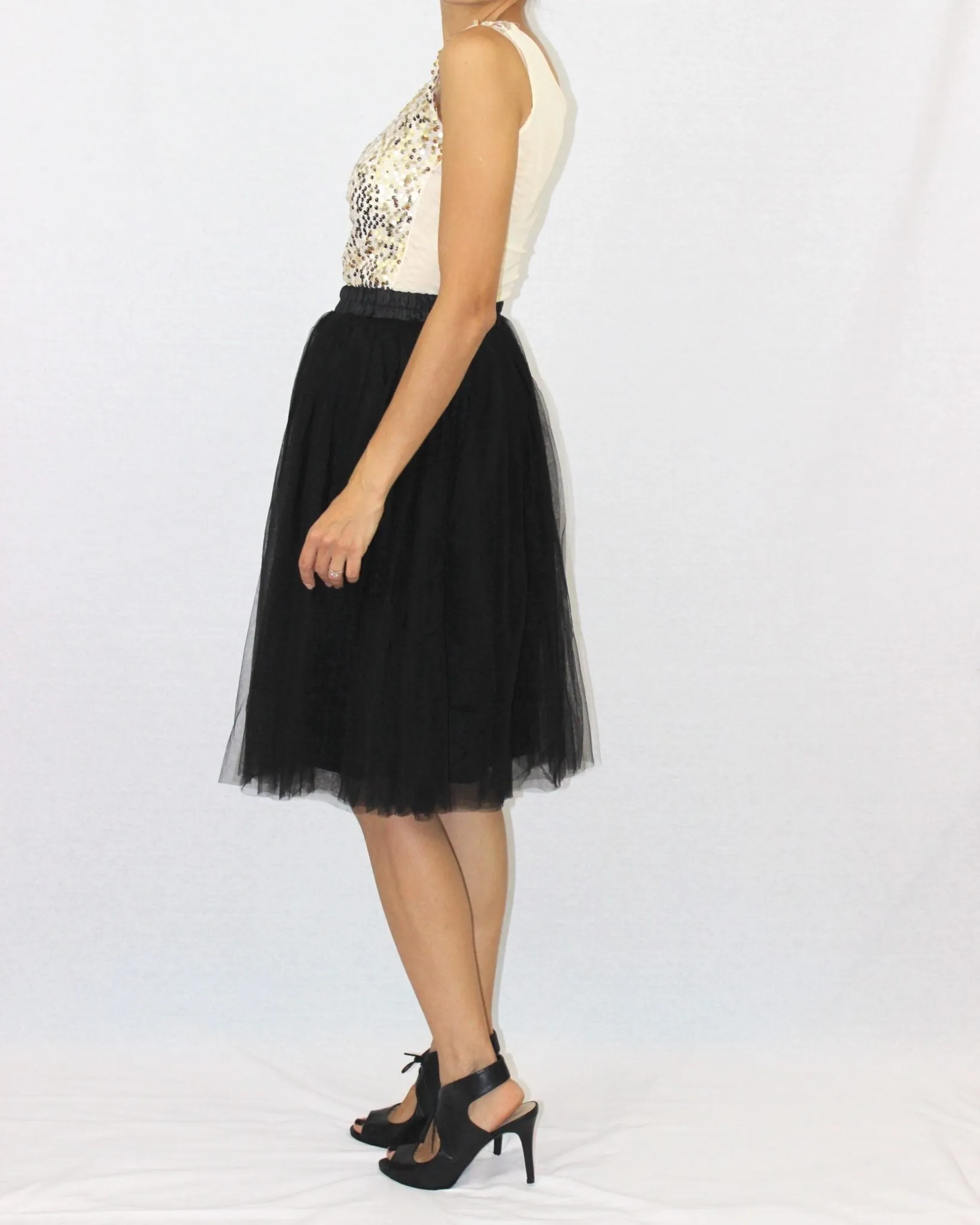 Claire Black Soft Tulle Skirt - Below Knee Midi