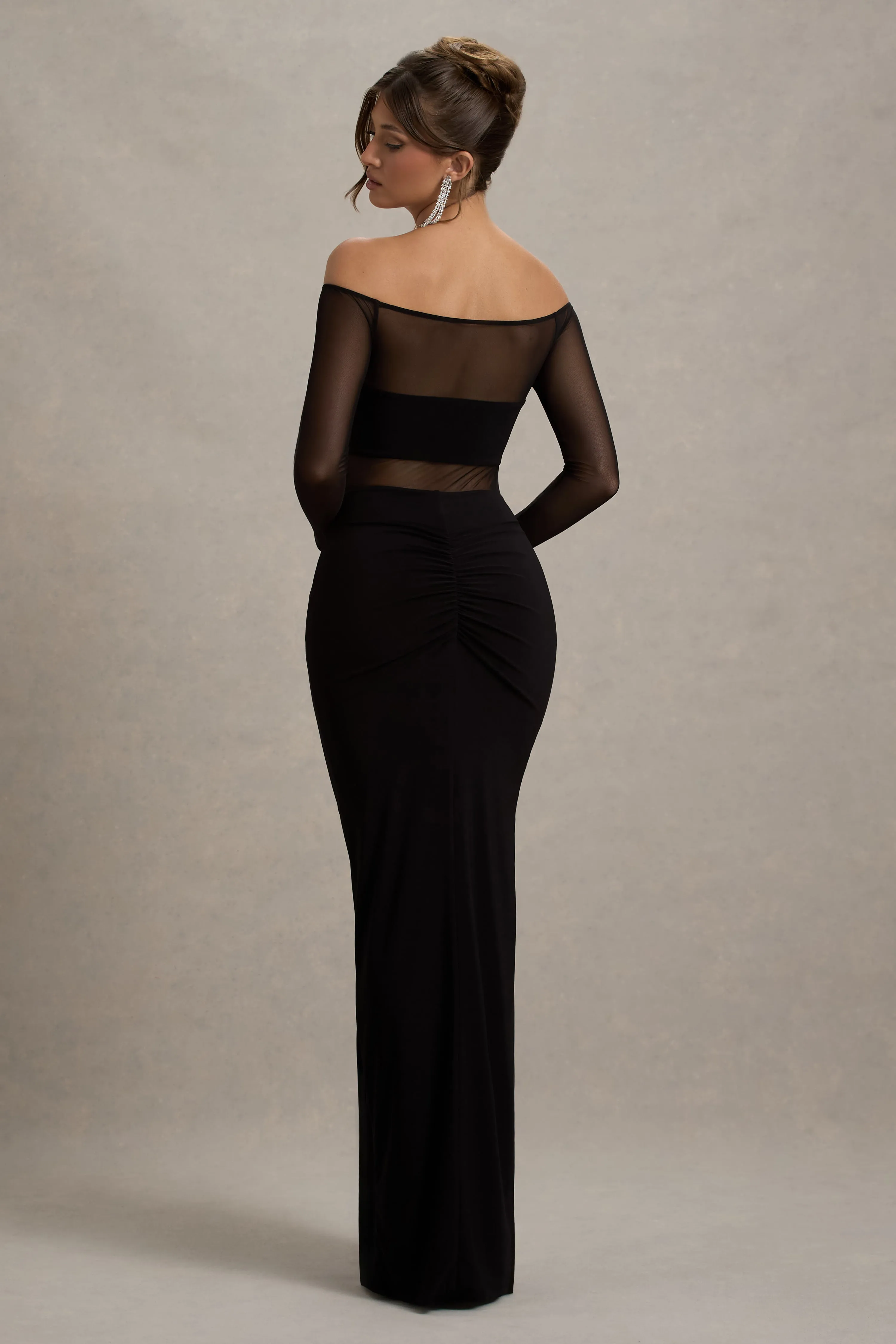 Cover Star | Black Mesh Bardot Long-Sleeve Draped Maxi Dress