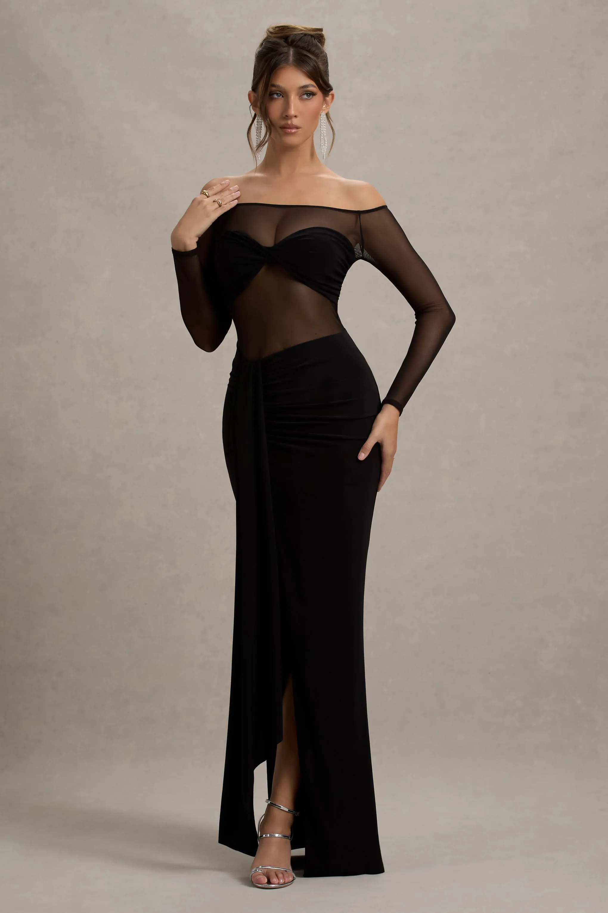 Cover Star | Black Mesh Bardot Long-Sleeve Draped Maxi Dress