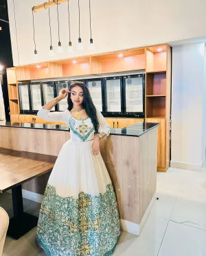 Delightful Blue Traditional Ethiopian Dress: Intricately Handcrafted Habesha Dress for Any Grand Holidays and Events Habesha Kemis