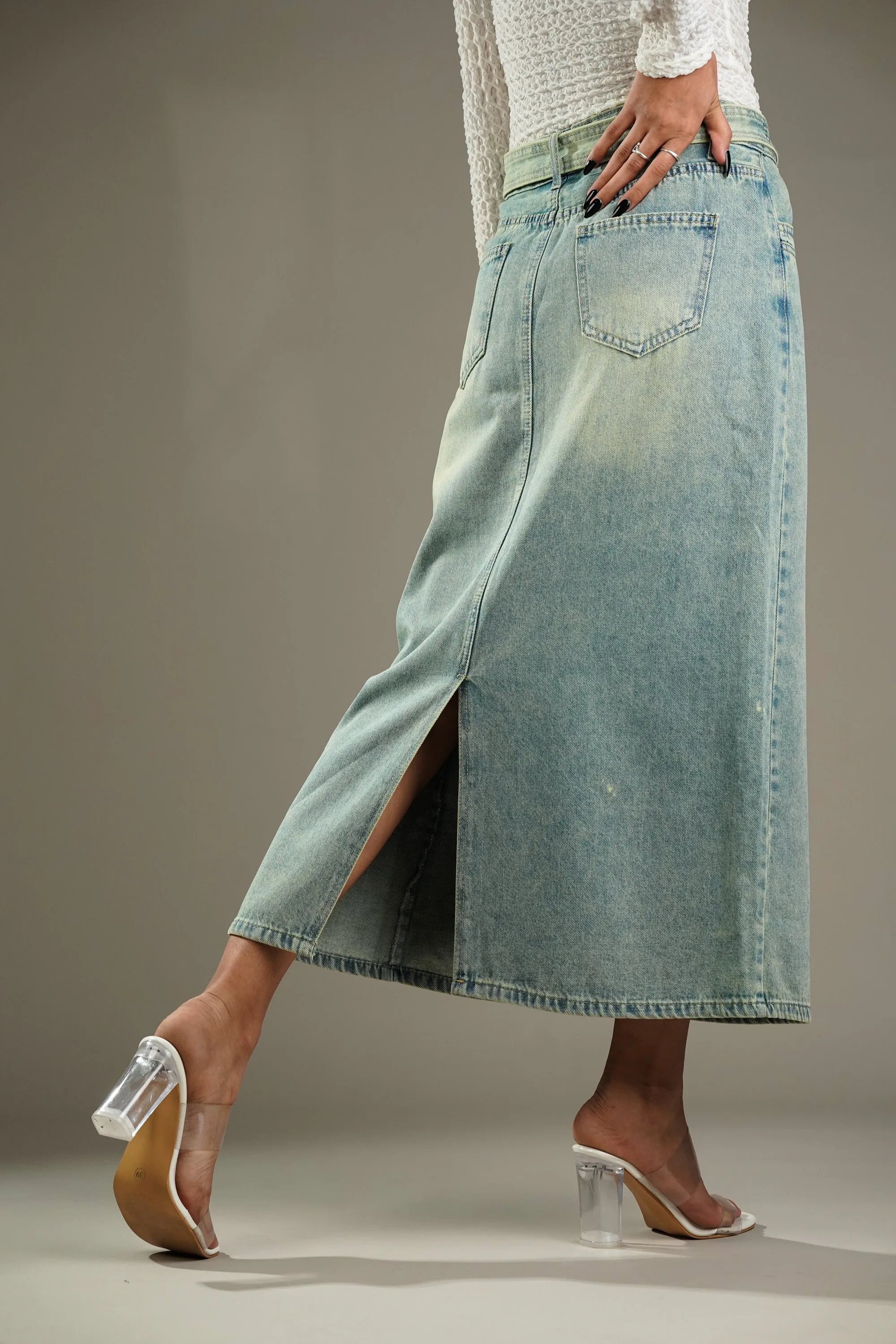 Denim Skirt With Buckle Belt