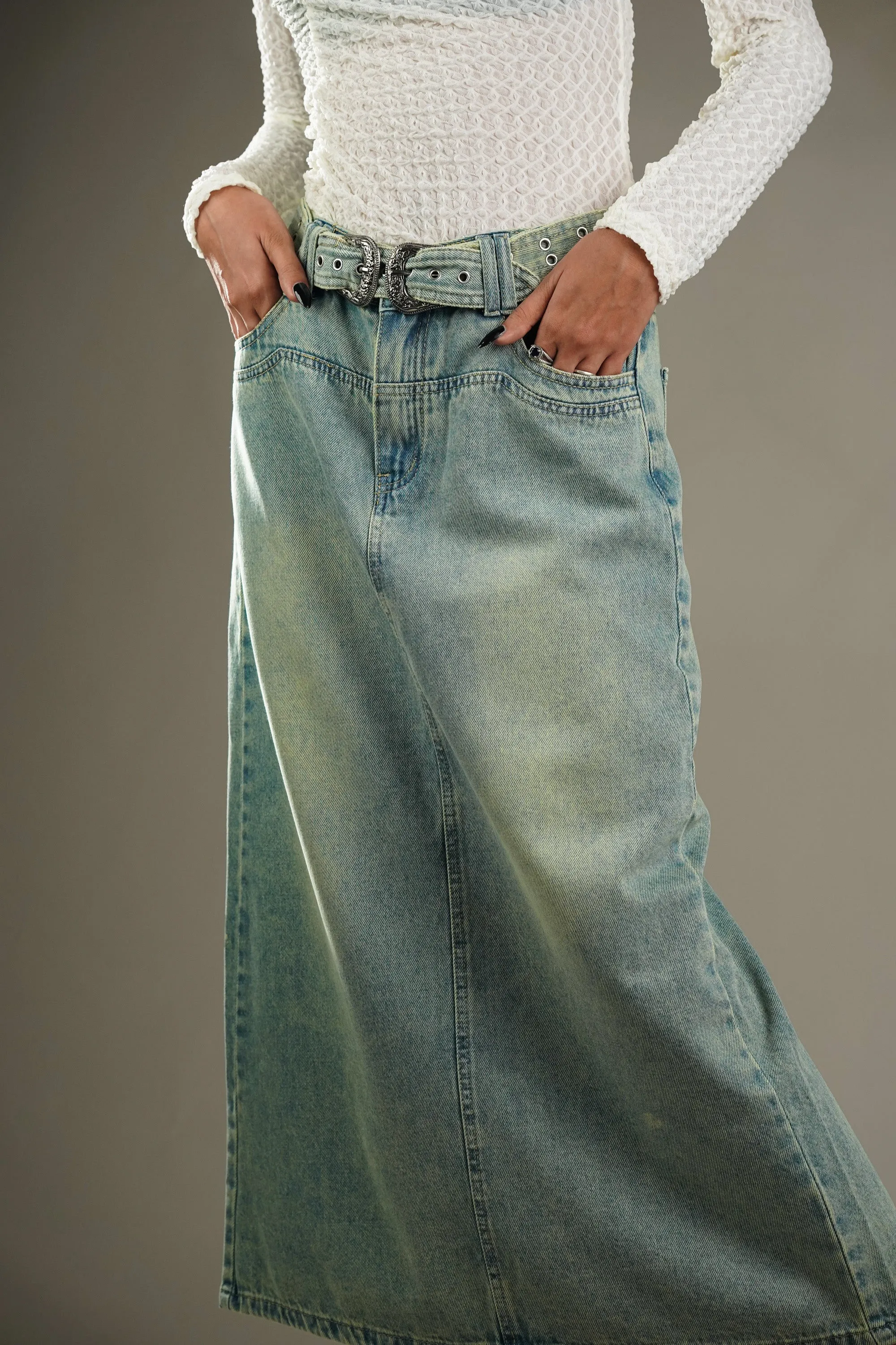 Denim Skirt With Buckle Belt