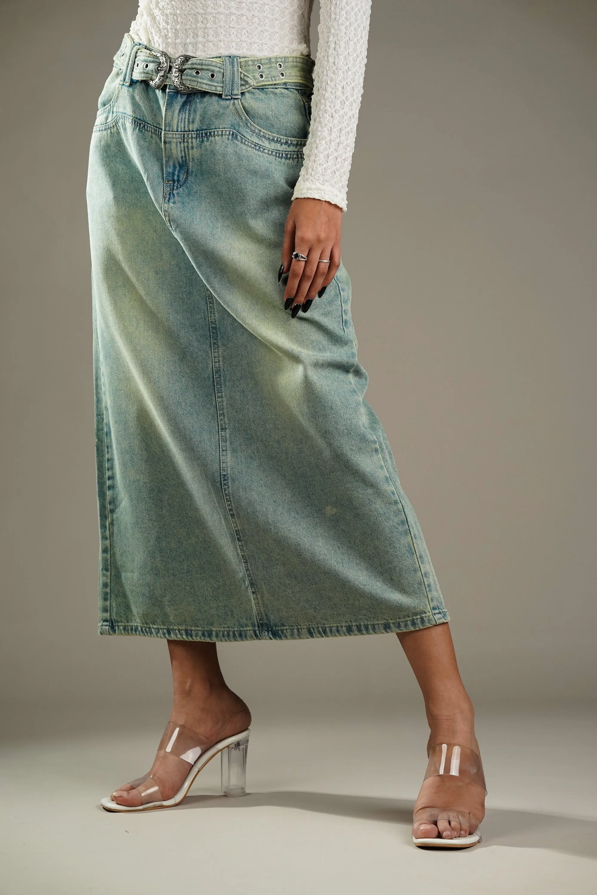 Denim Skirt With Buckle Belt