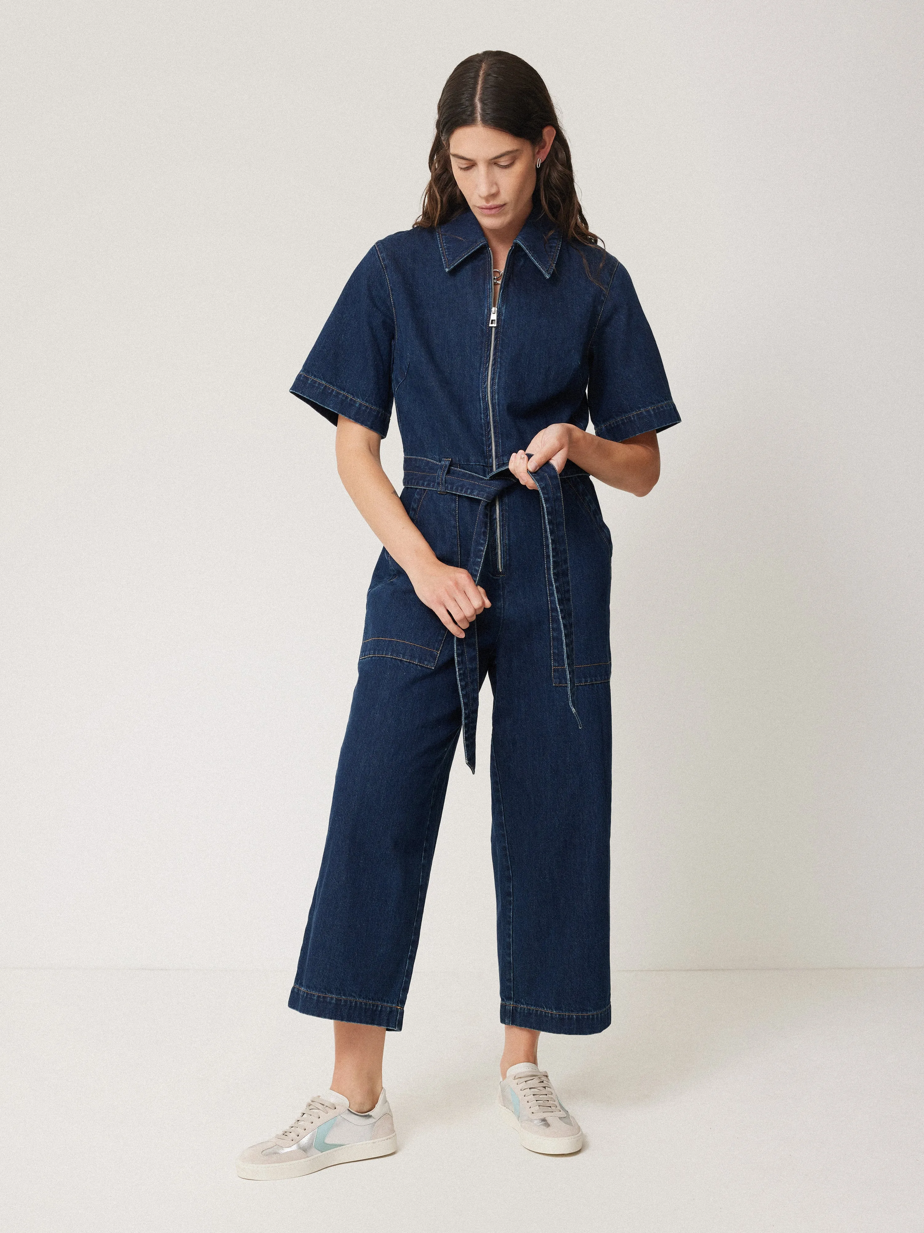 Denim Zip Front Jumpsuit | Indigo