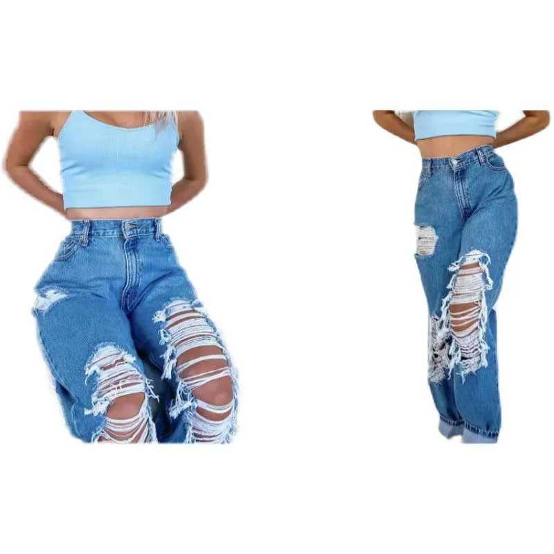 Destroyed Ripped Knee Design High Waist Denim Jeans