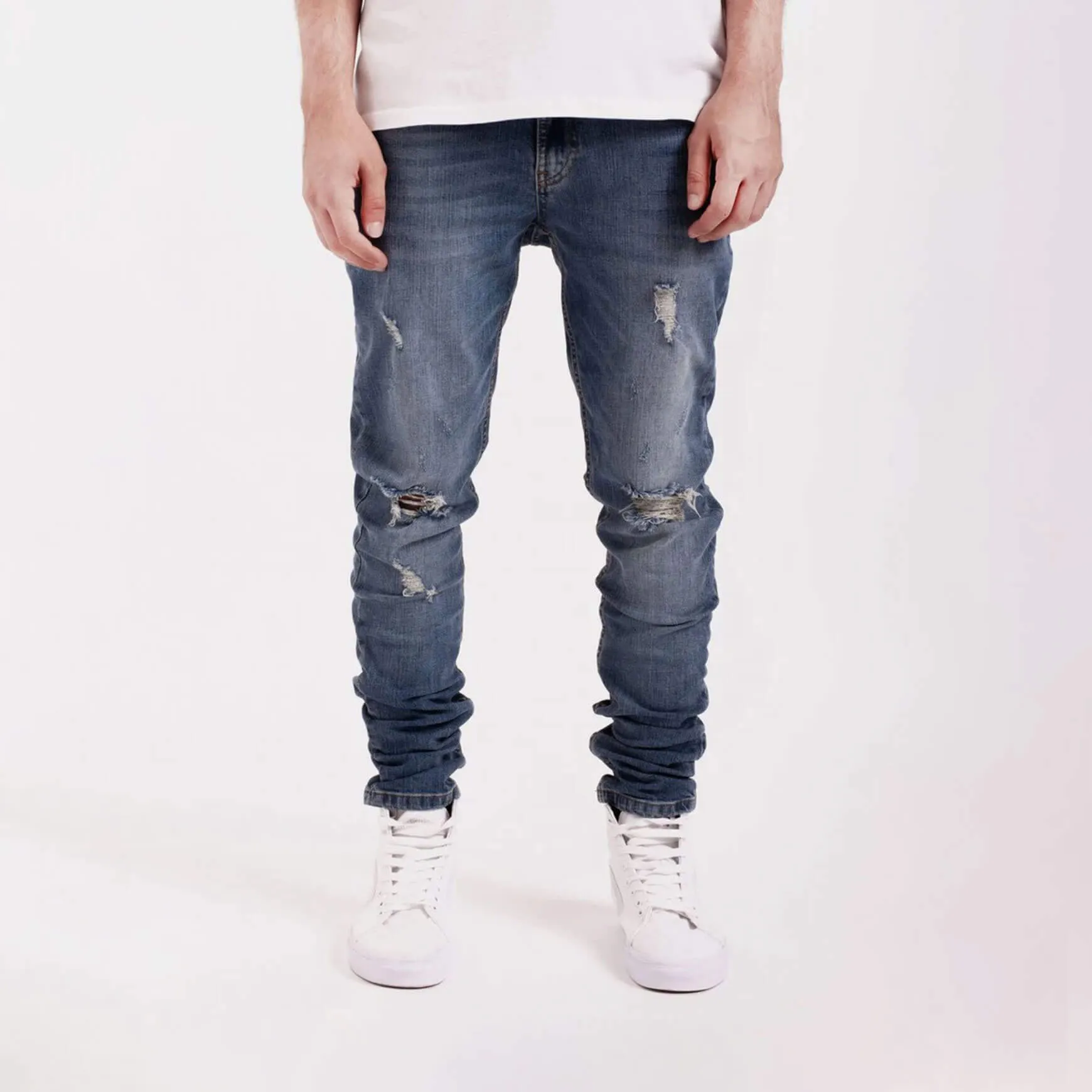 Destroyed Tapered Denim Contrast Mid Blue