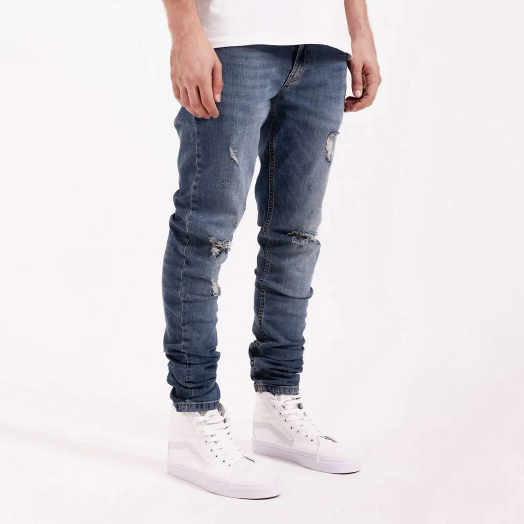 Destroyed Tapered Denim Contrast Mid Blue