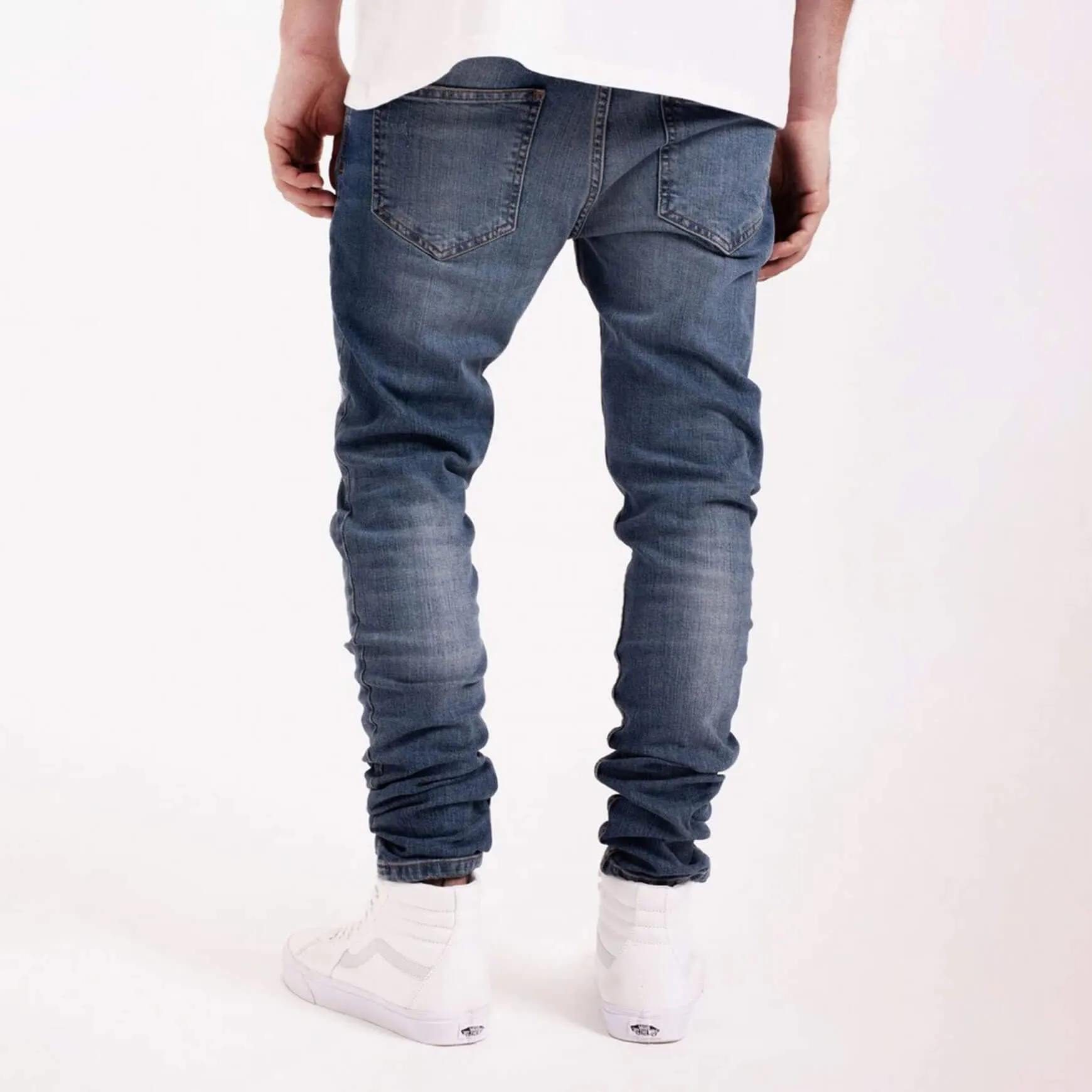 Destroyed Tapered Denim Contrast Mid Blue