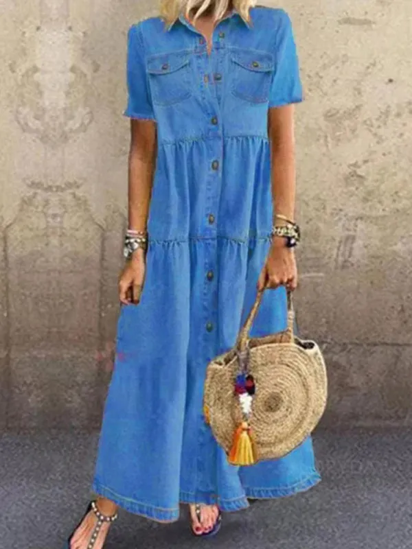 European and American denim style long multi-button distressed dress