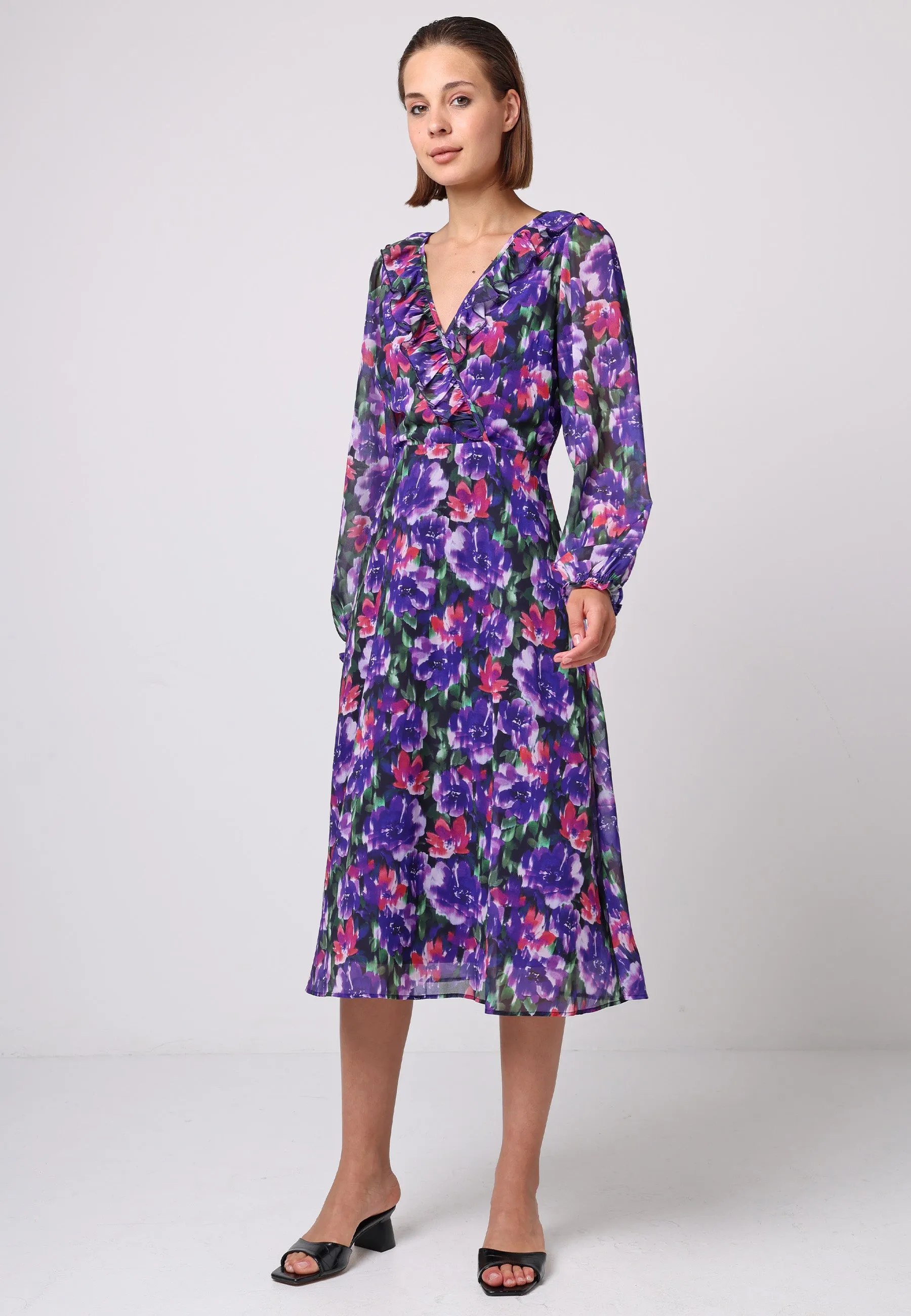 Faux Wrap Ruffle Detail Midi Dress in Purple Floral Print