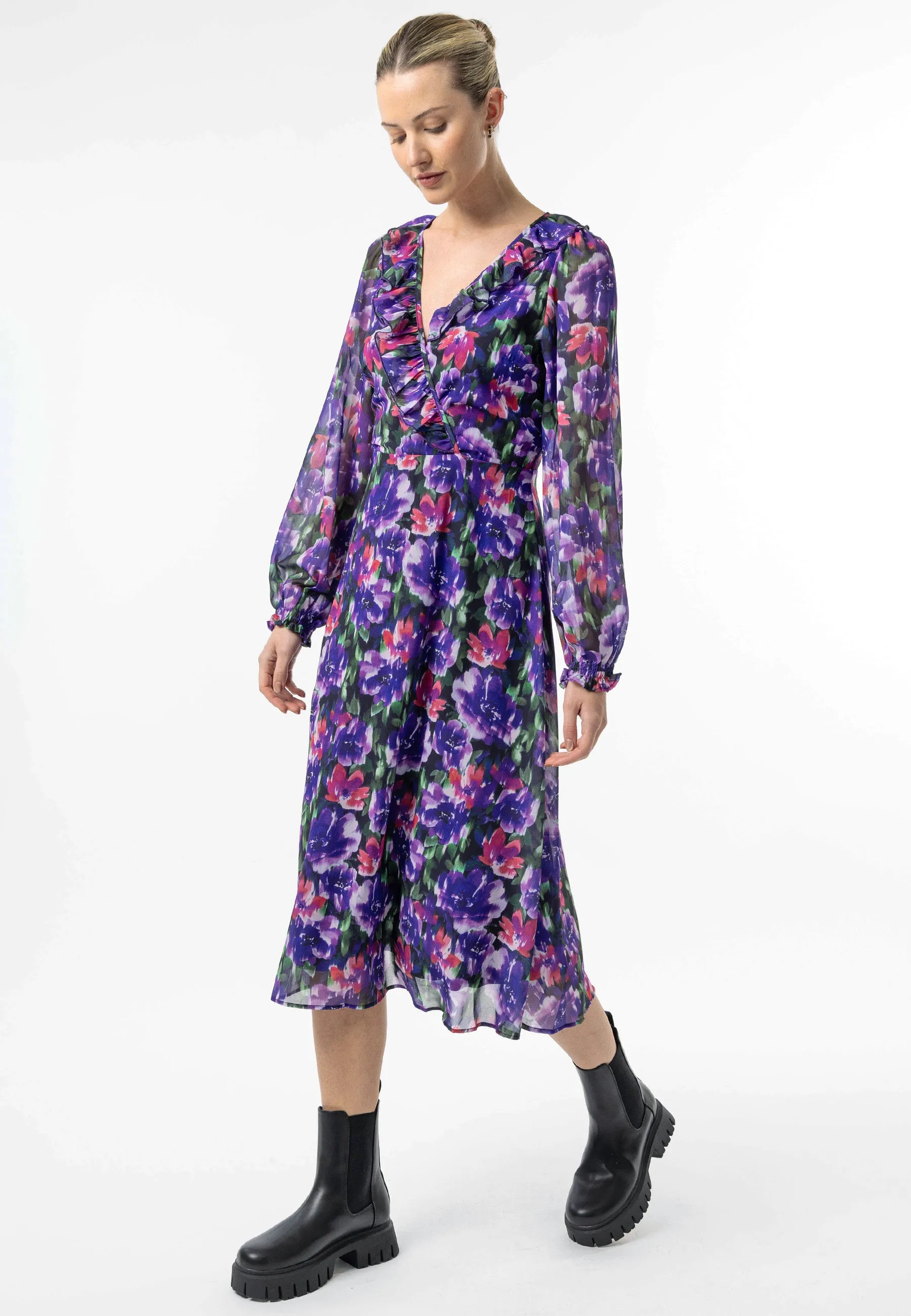 Faux Wrap Ruffle Detail Midi Dress in Purple Floral Print