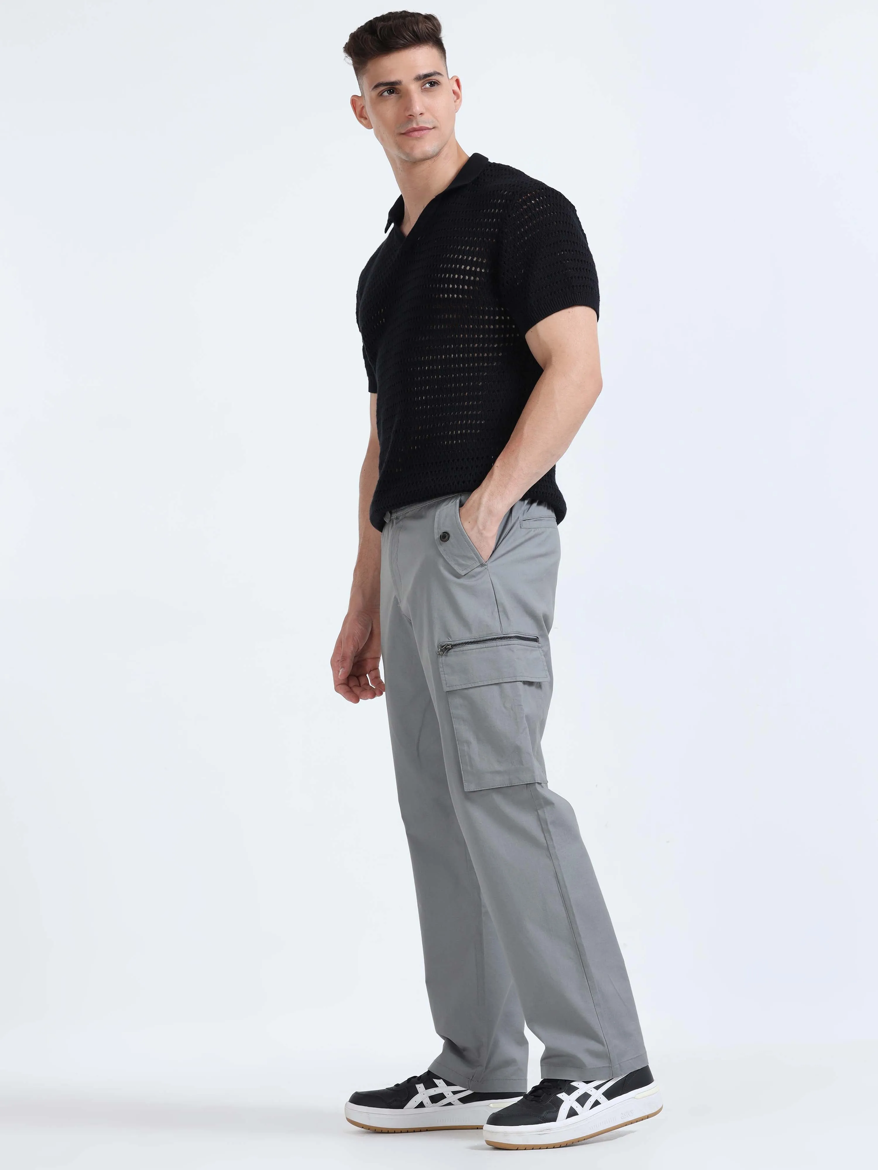 Flexi Waist Zip Grey Cargo Pant