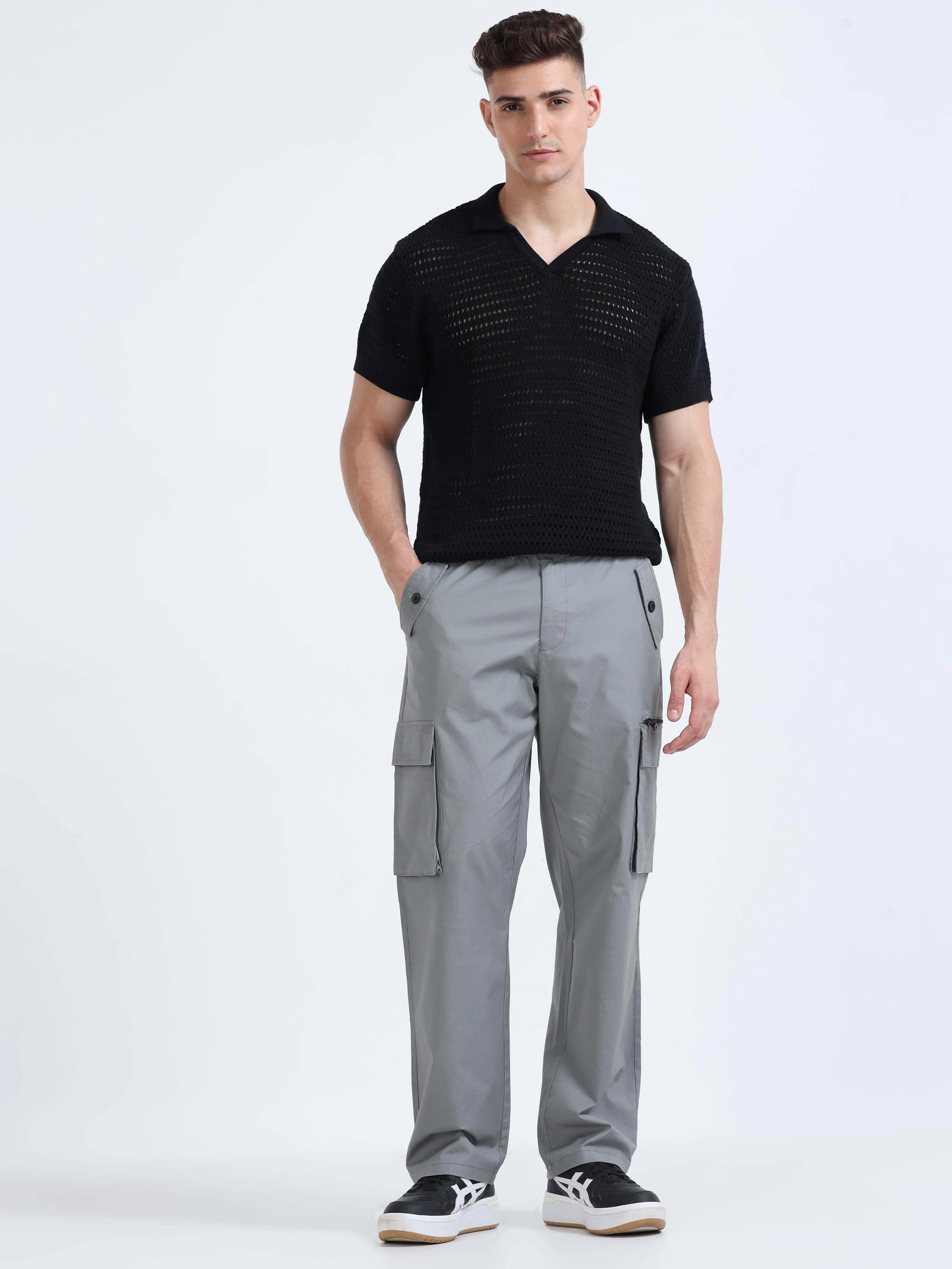 Flexi Waist Zip Grey Cargo Pant