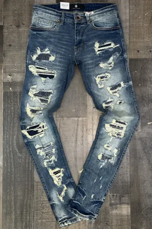 Focus- heavy distressed w/emb stitch denim jeans (Dk. wash)