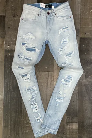 Focus- heavy distressed w/emb stitch denim jeans (Lt. blue)