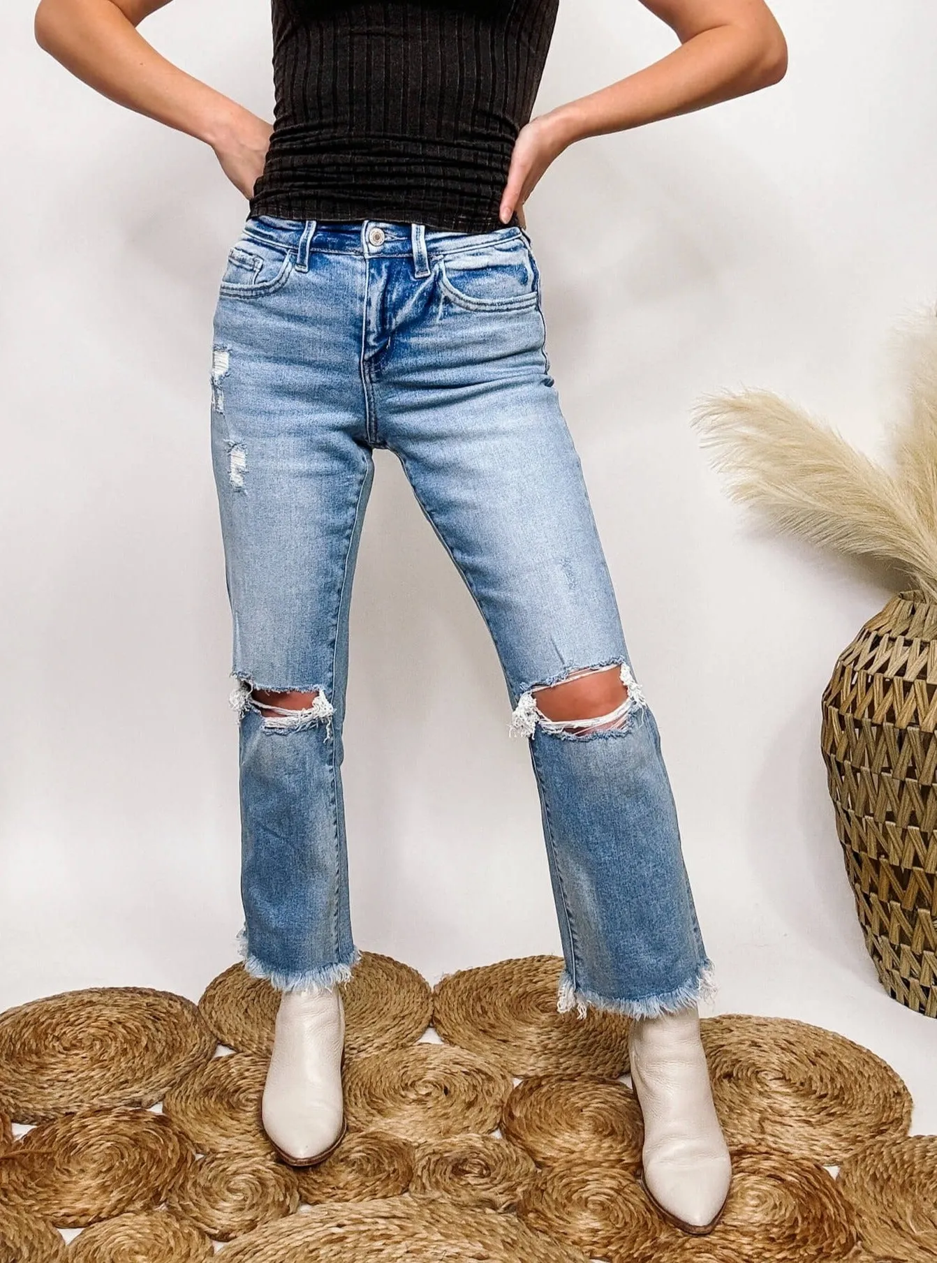 Frayed Hem Cropped Flare Distressed Straight Leg Vervet by Flying Monkey Jeans