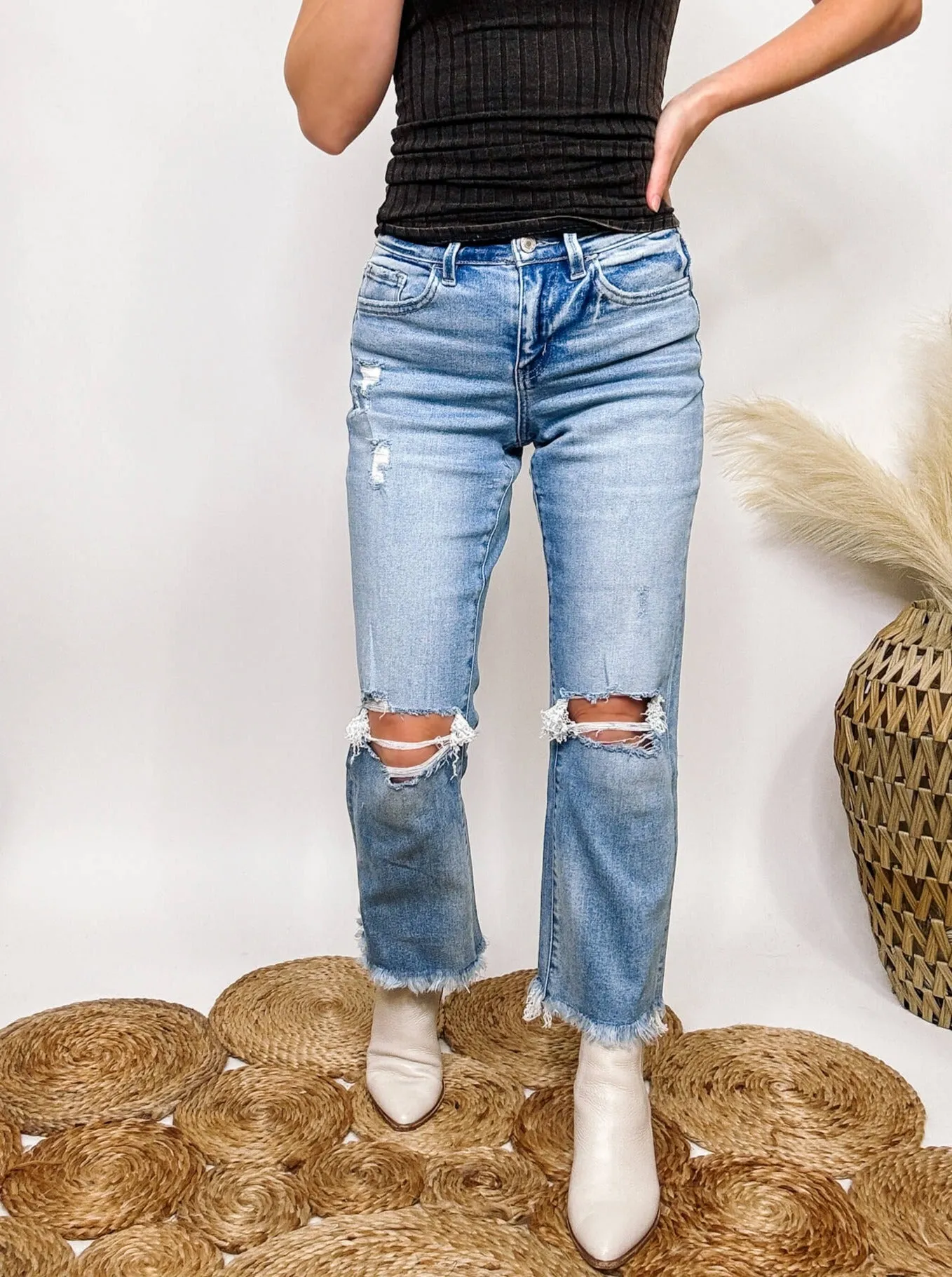 Frayed Hem Cropped Flare Distressed Straight Leg Vervet by Flying Monkey Jeans