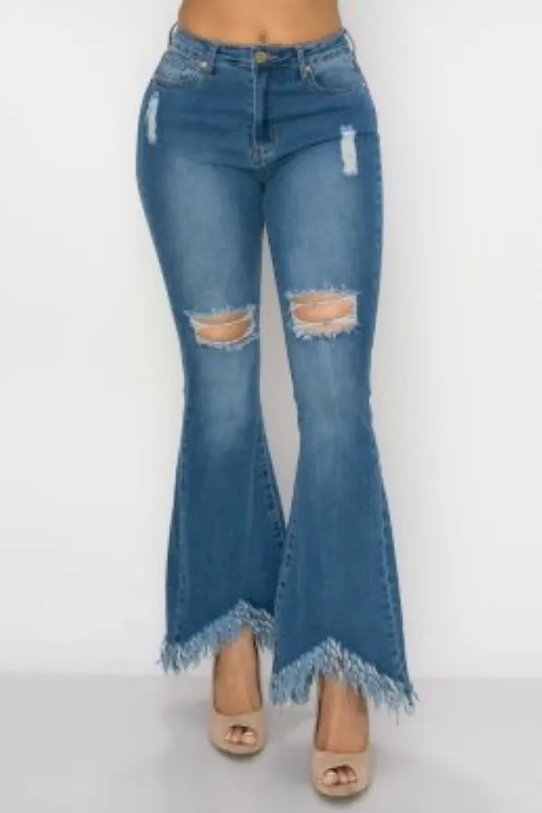 Fringe Distressed Denim Flare Pants - Women