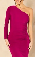 Fuchsia pink one shoulder slinky midi dress with side split - wedding guest, races, ladies day dress