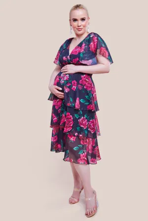 Goddiva Maternity Layered Floral Midi Dress With Flutter Sleeves - Black Floral