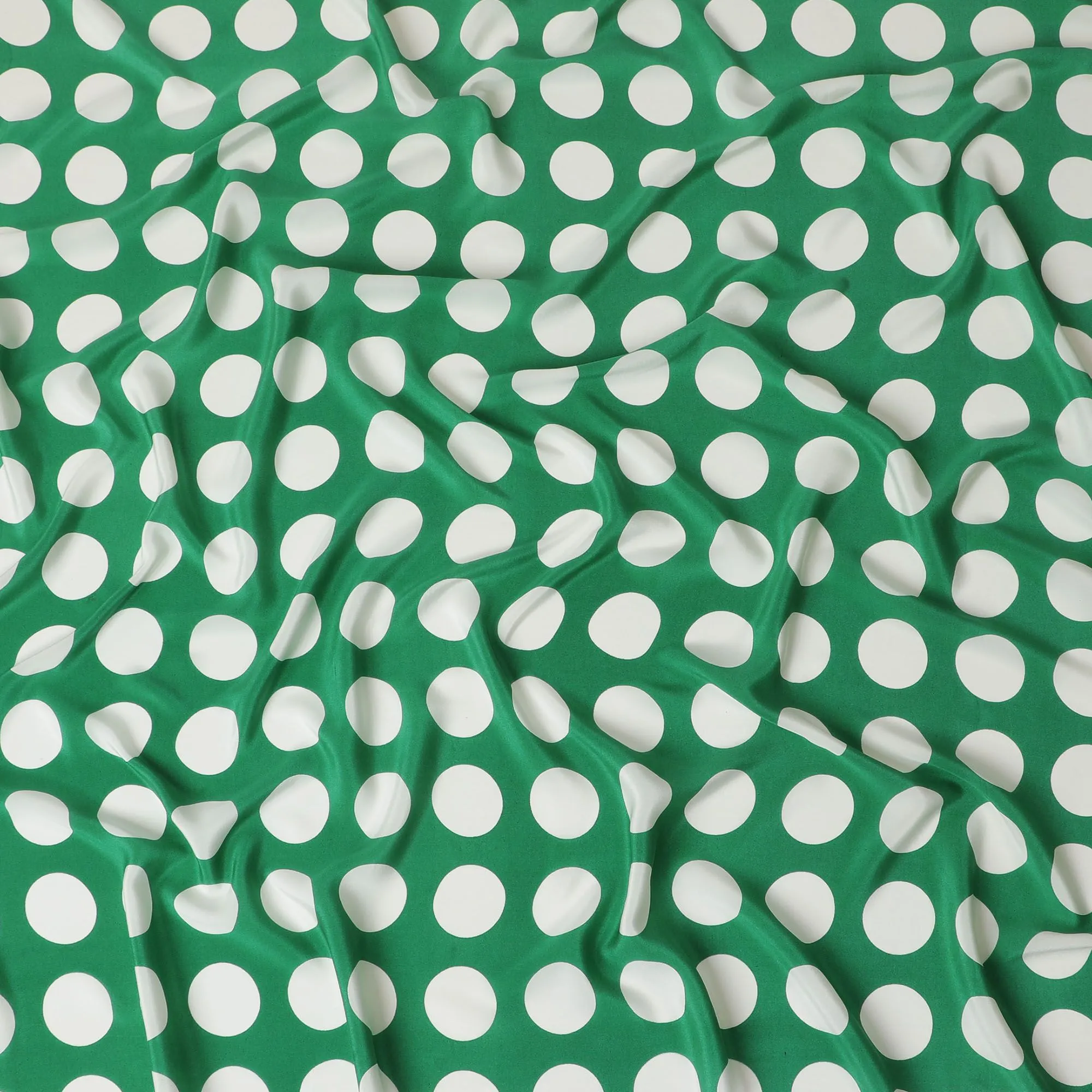 Green Premium pure silk crepe fabric with white print in dot design-D17208