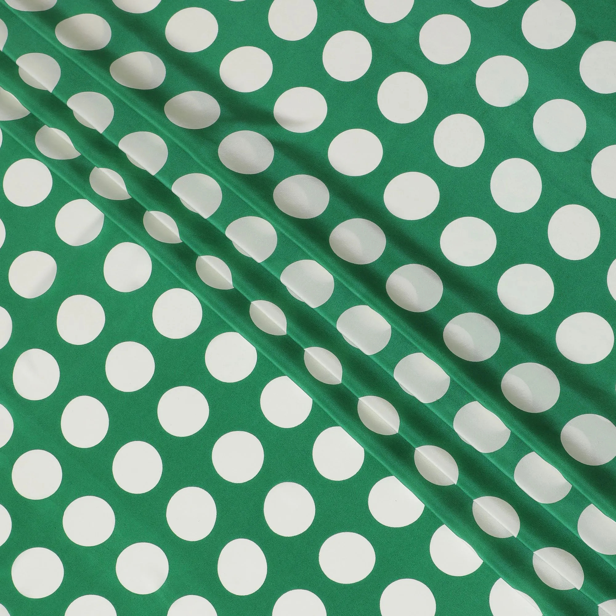 Green Premium pure silk crepe fabric with white print in dot design-D17208