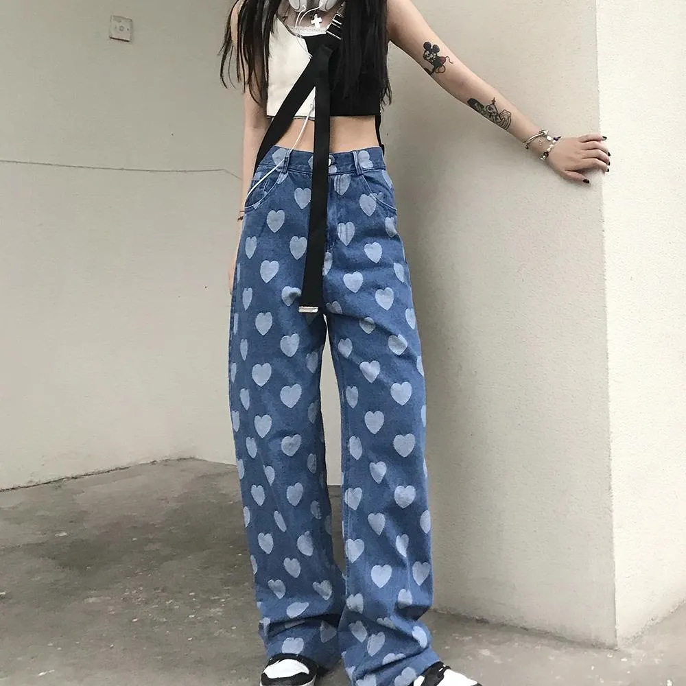 Heart Printed Soft Girl Aesthetic Baggy Jeans