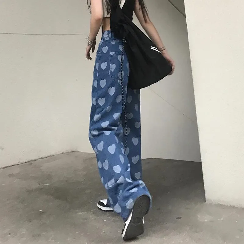 Heart Printed Soft Girl Aesthetic Baggy Jeans