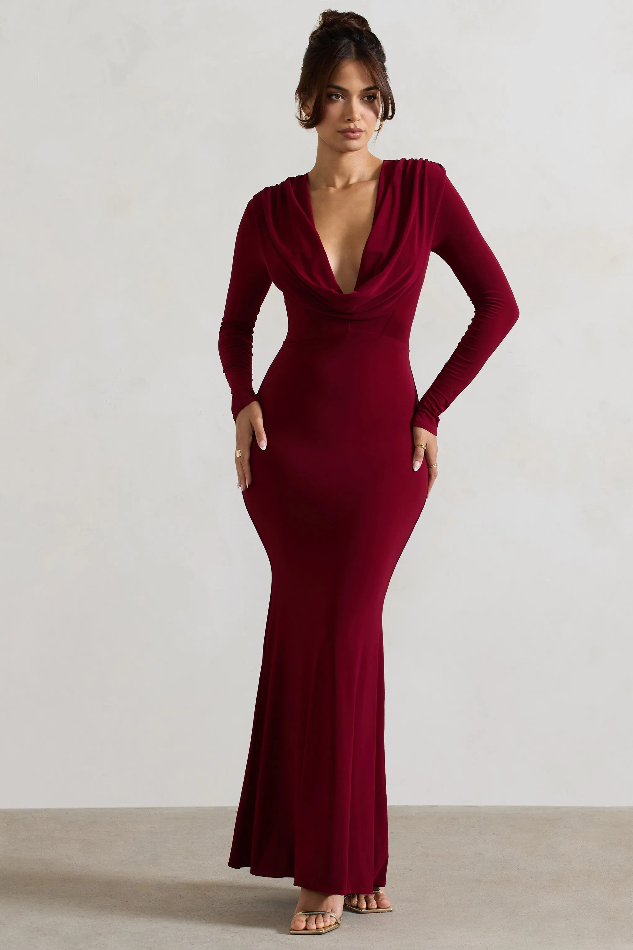 Heavy Heart | Berry Cowl-Neck Long-Sleeve Maxi Dress