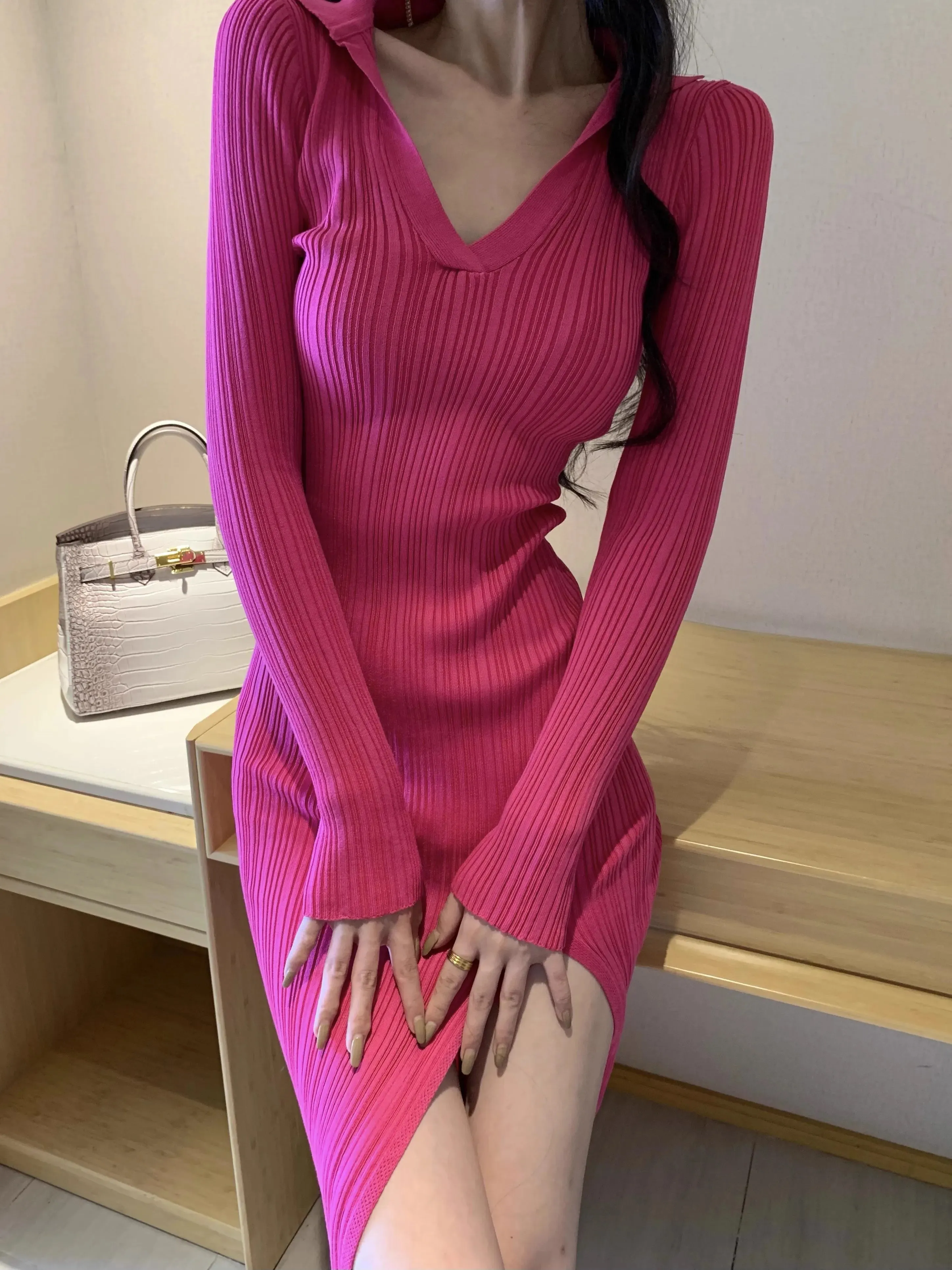 High Quality Women Autumn Winter Lapel Thick Knitted Dress V Neck Sexy Slim Elastic Basic Bodycon Sweater Long Dress Split C-231