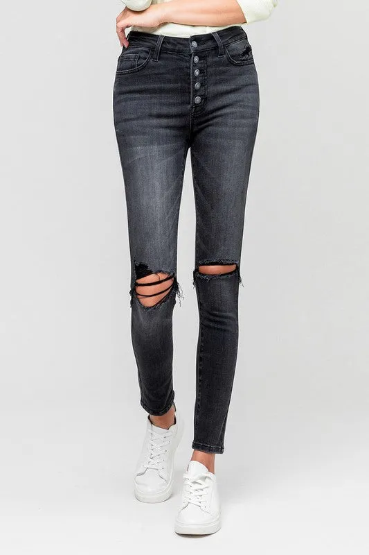 High Rise Distressed Button Fly Ankle Skinny