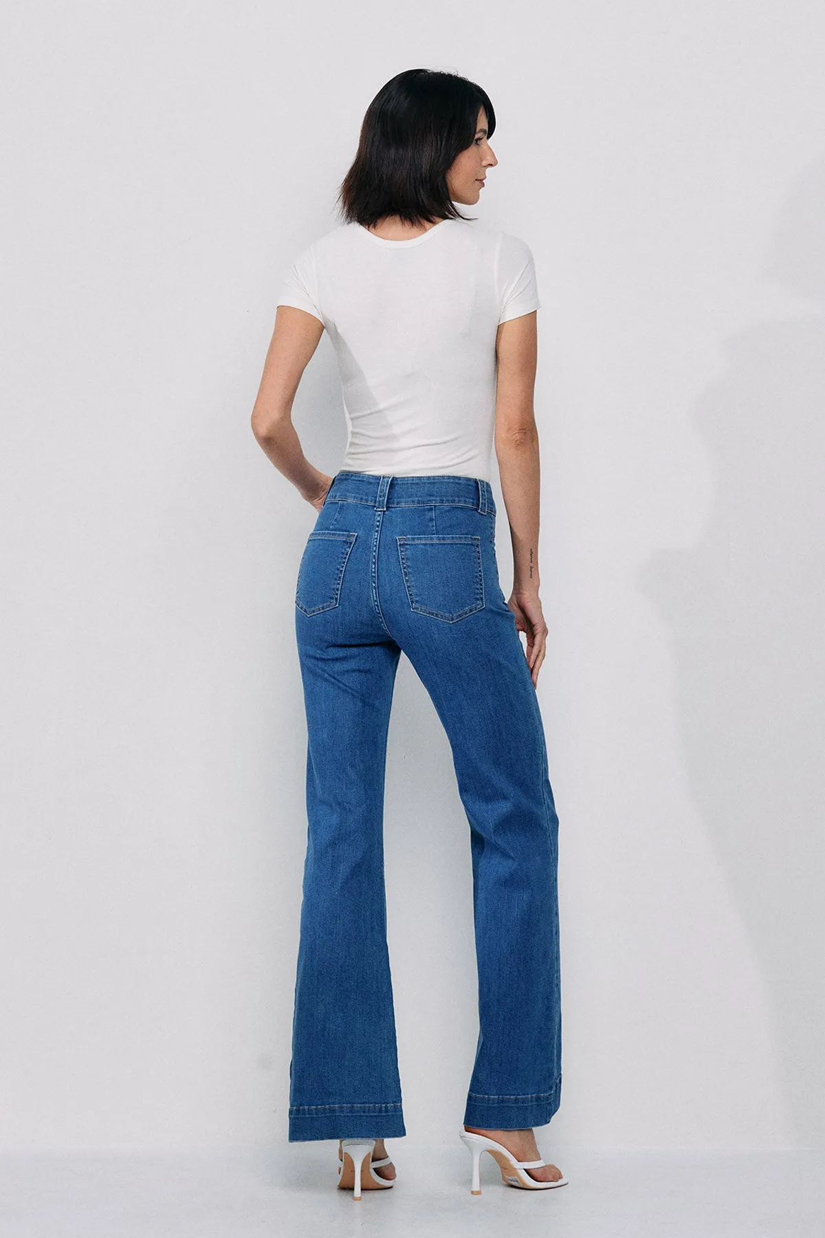 HIGH RISE FLARE STRETCH DENIM IN MEDIUM BLUE   / SP-P12206