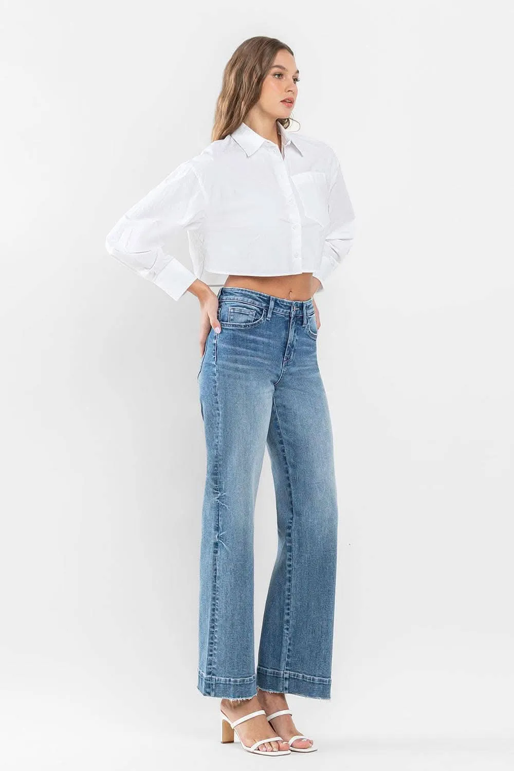 High Rise Wide Leg Jeans with Trouser Hem Detail