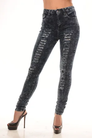 High Waisted Distressed Acid  Skinny Jeans - Dark Blue