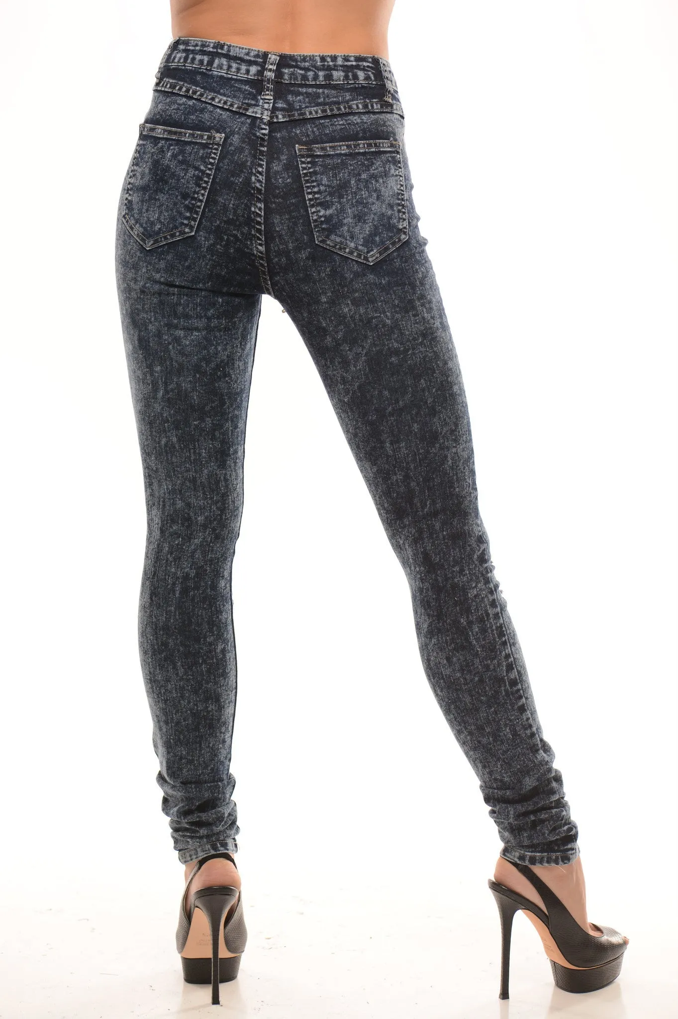 High Waisted Distressed Acid  Skinny Jeans - Dark Blue