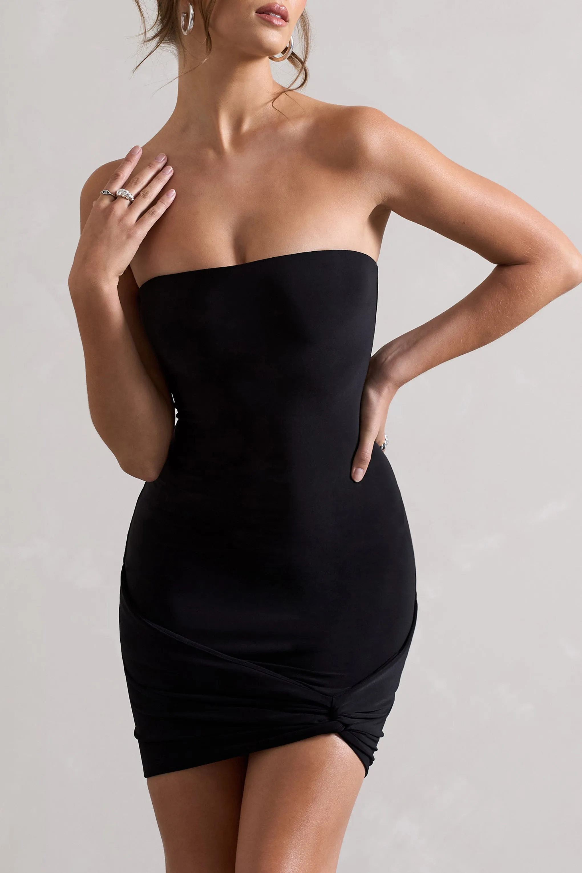 Jamie | Black Strapless Mini Dress With Knot Skirt