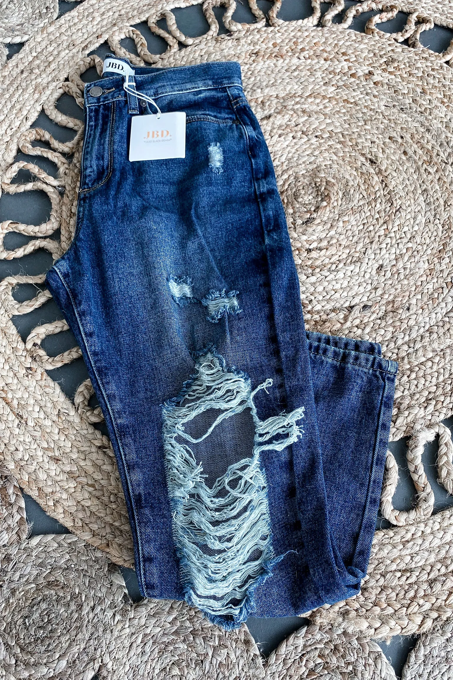 JBL Dark Wash Destructed Girlfriend High Rise Jean