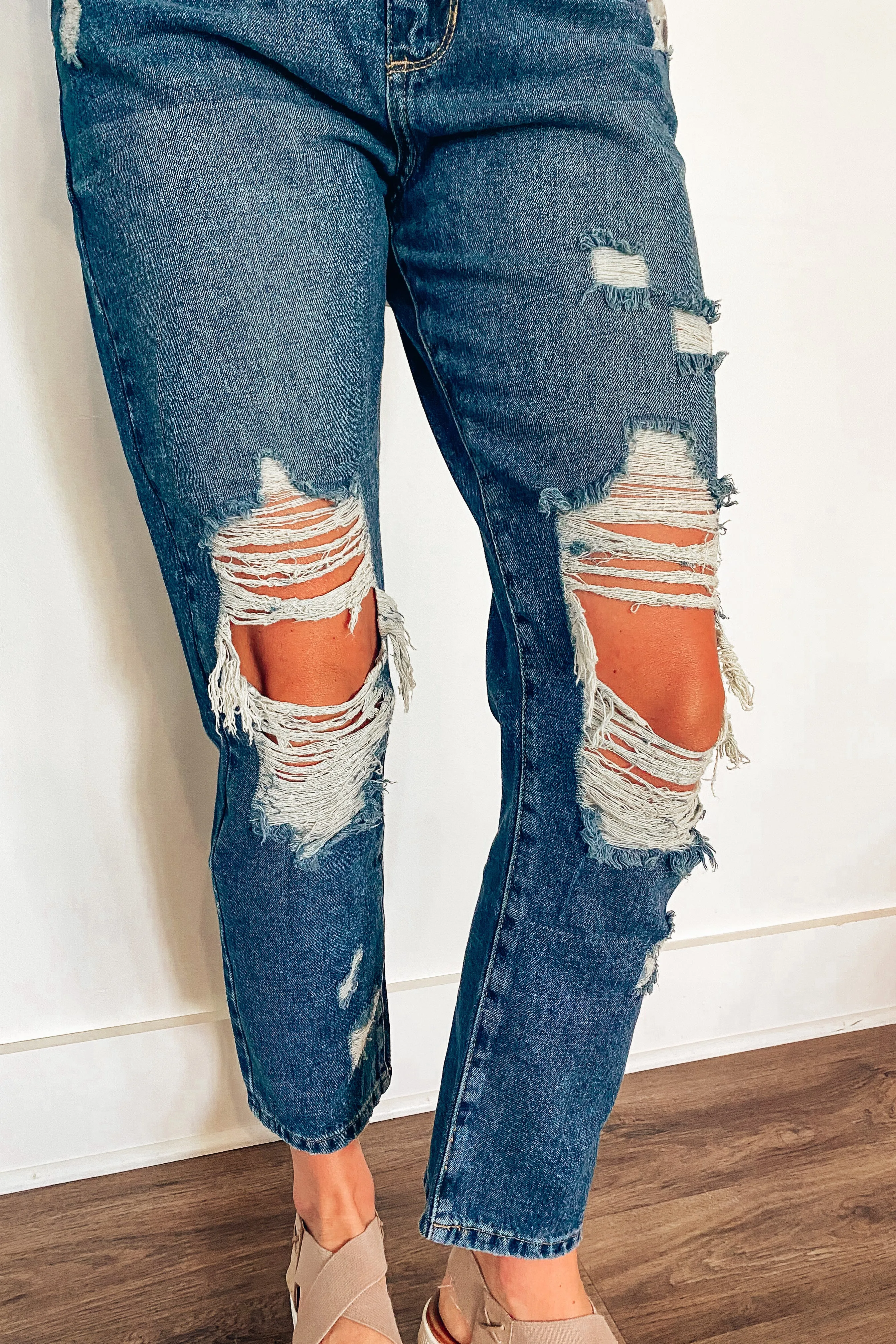 JBL Dark Wash Destructed Girlfriend High Rise Jean