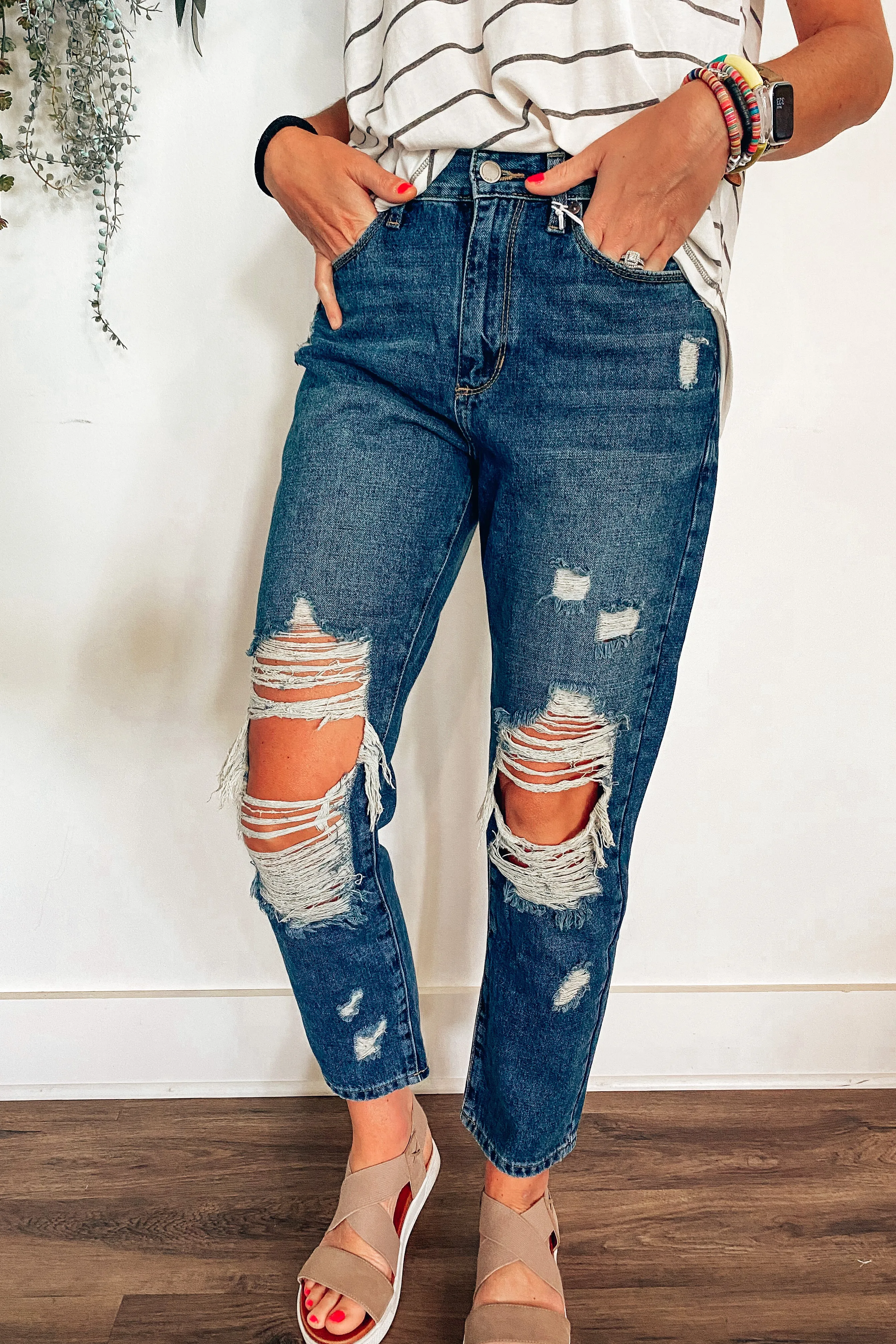 JBL Dark Wash Destructed Girlfriend High Rise Jean