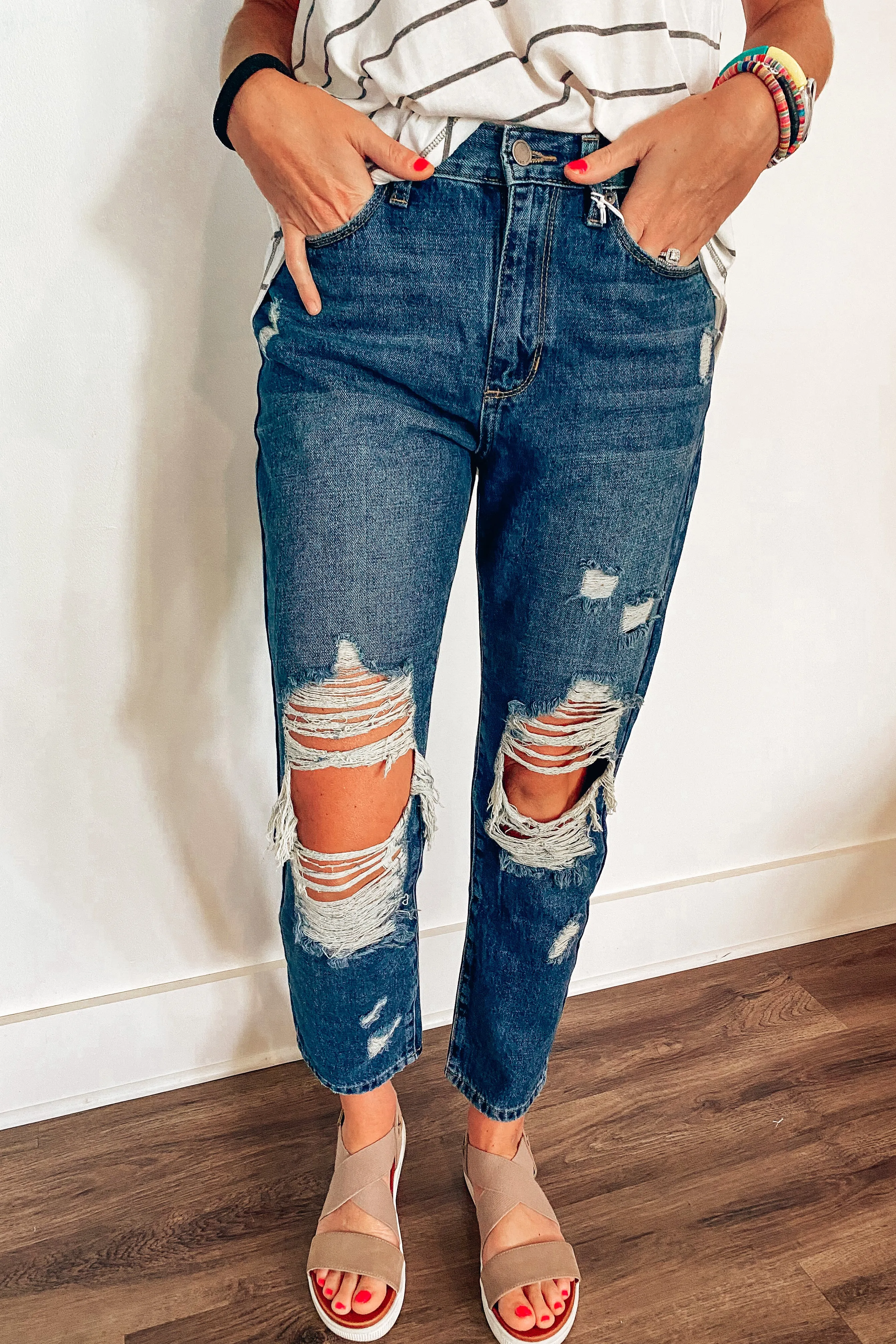 JBL Dark Wash Destructed Girlfriend High Rise Jean