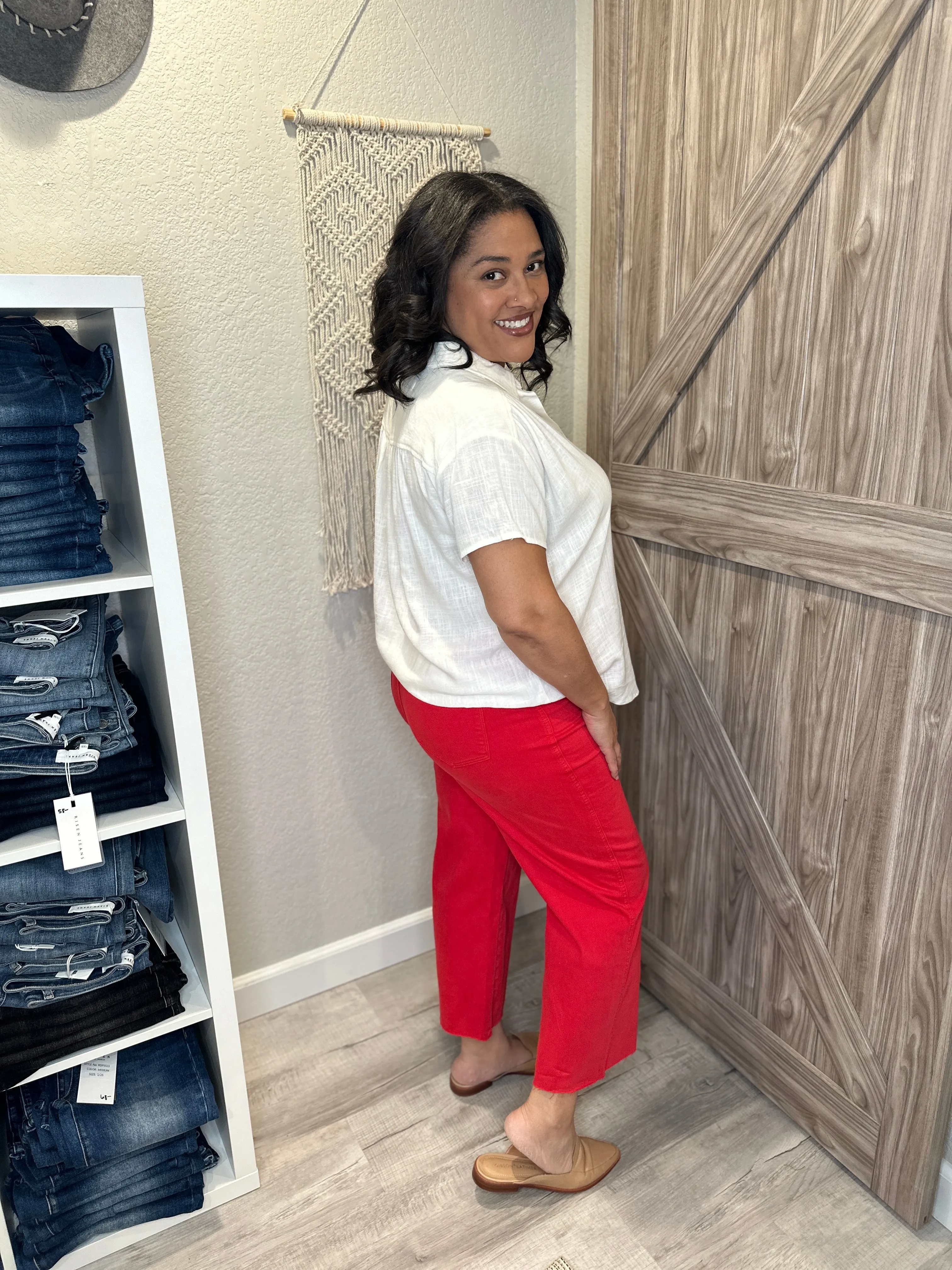 Judy Blue High Waist Red Garment Dyed TUMMY CONTROL Wide Leg Cropped Denim