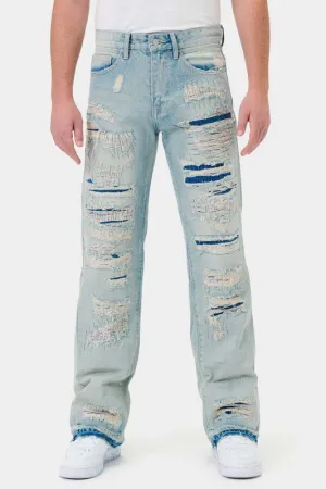 Light Stone Heavy Destroyed Relaxed Flare Denim